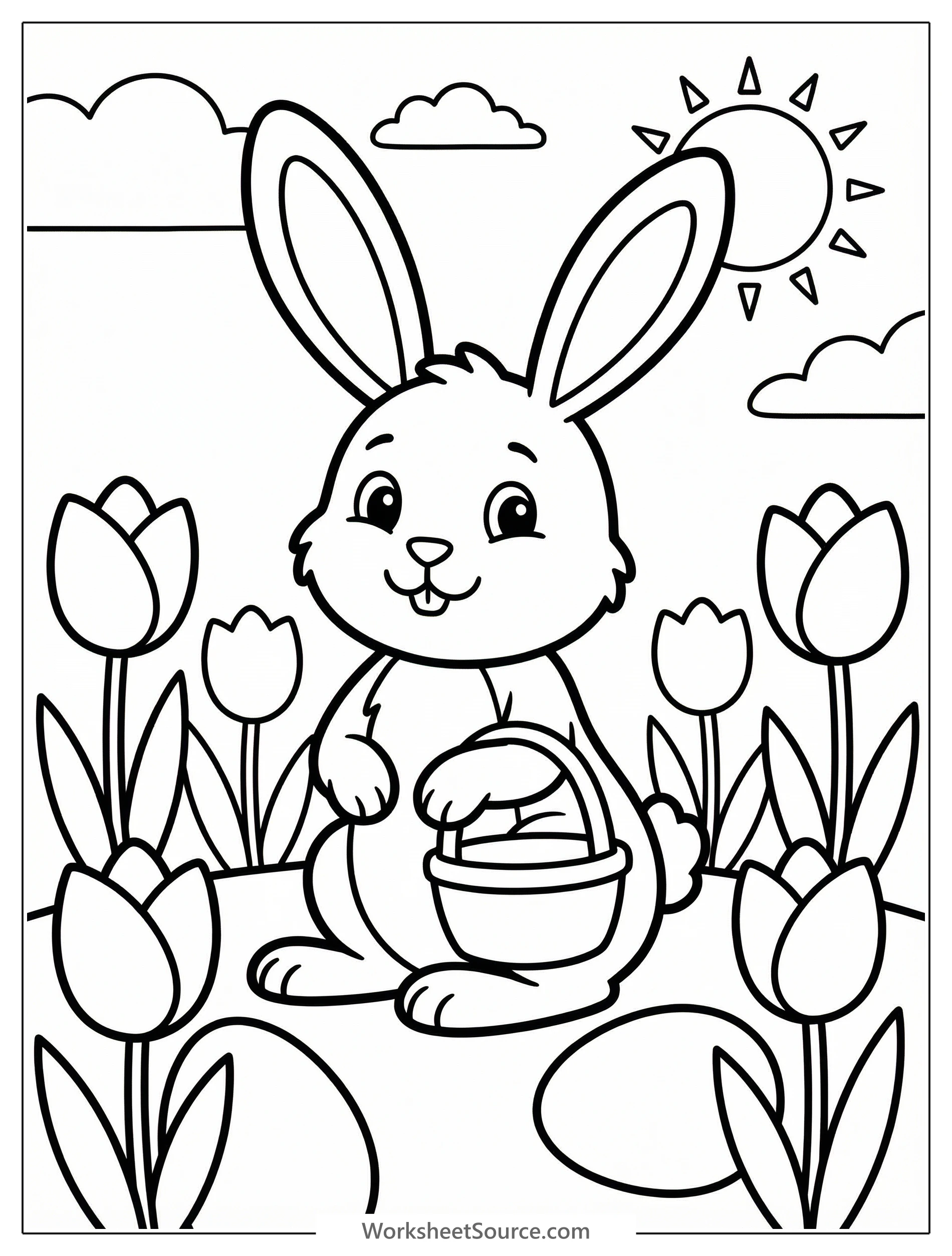 Clear black and white line art coloring page featuring a cheerful Easter bunny holding a flower amidst a vibrant field of blooming tulips.