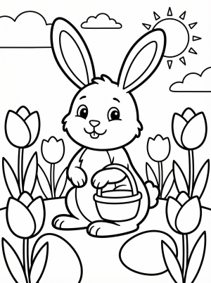 Clear black and white line art coloring page featuring a cheerful Easter bunny holding a flower amidst a vibrant field of blooming tulips.