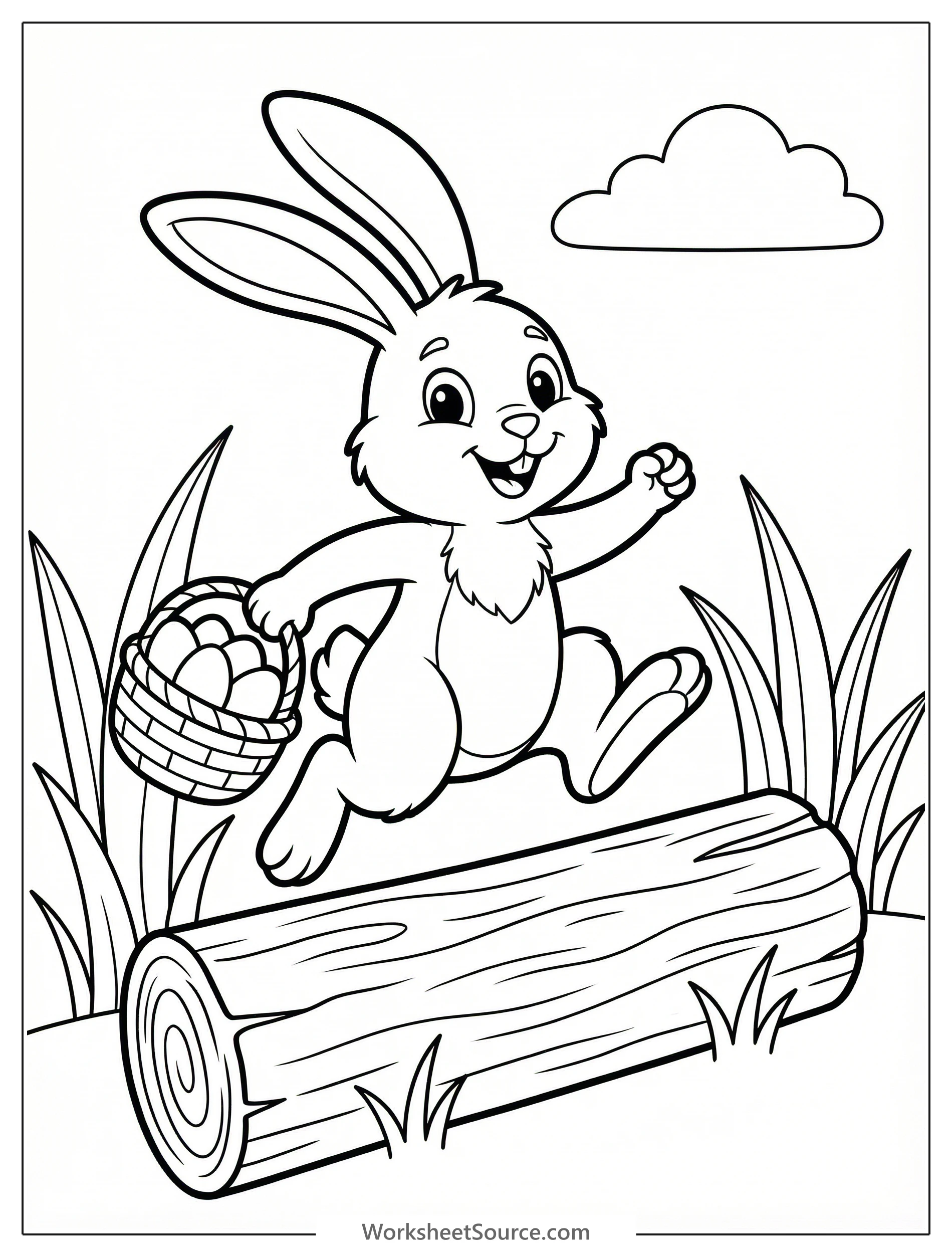Clear black and white line art of a joyful Easter bunny mid leap, gracefully jumping over a sturdy fallen log, ready for creative coloring.