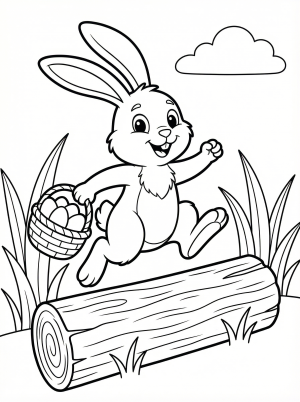Clear black and white line art of a joyful Easter bunny mid leap, gracefully jumping over a sturdy fallen log, ready for creative coloring.