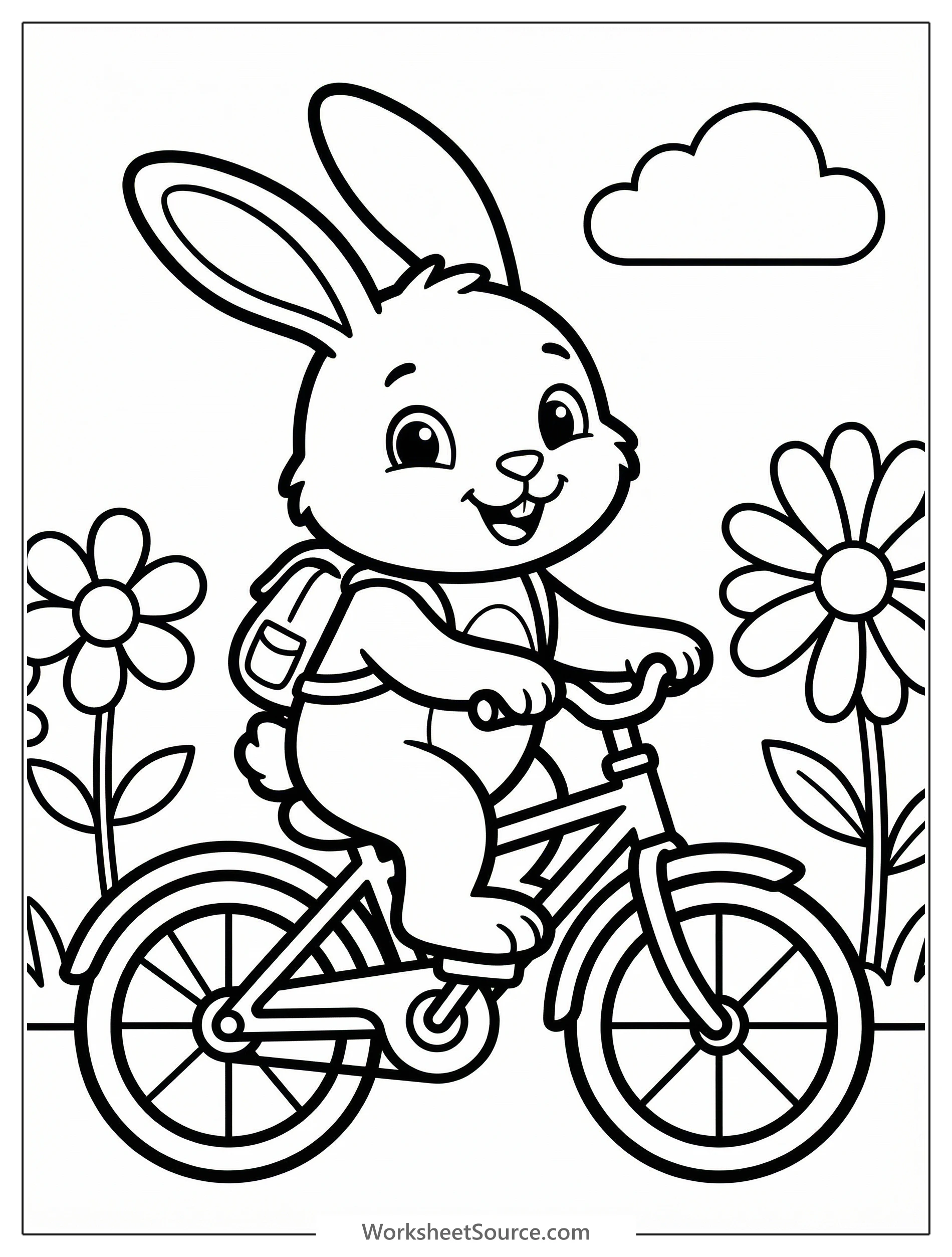 Clear black and white line art of an Easter bunny smiling and riding a classic bicycle with a basket full of decorated eggs. Professional, ready to color design.