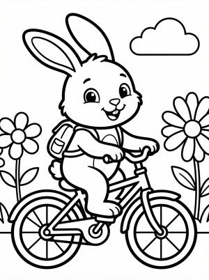 Clear black and white line art of an Easter bunny smiling and riding a classic bicycle with a basket full of decorated eggs. Professional, ready to color design.