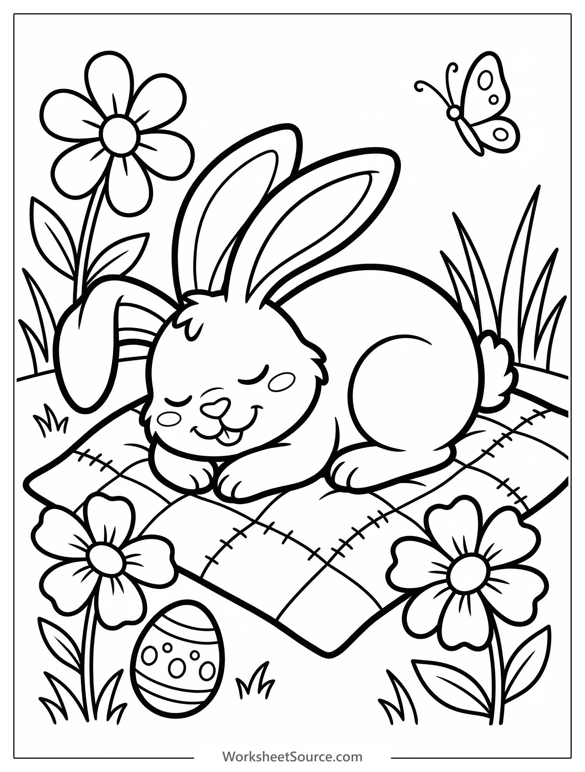 Black and white line art coloring page featuring a peaceful Easter bunny sleeping soundly in a beautiful flower garden with blooming tulips and daffodils.