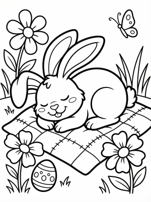 Black and white line art coloring page featuring a peaceful Easter bunny sleeping soundly in a beautiful flower garden with blooming tulips and daffodils.