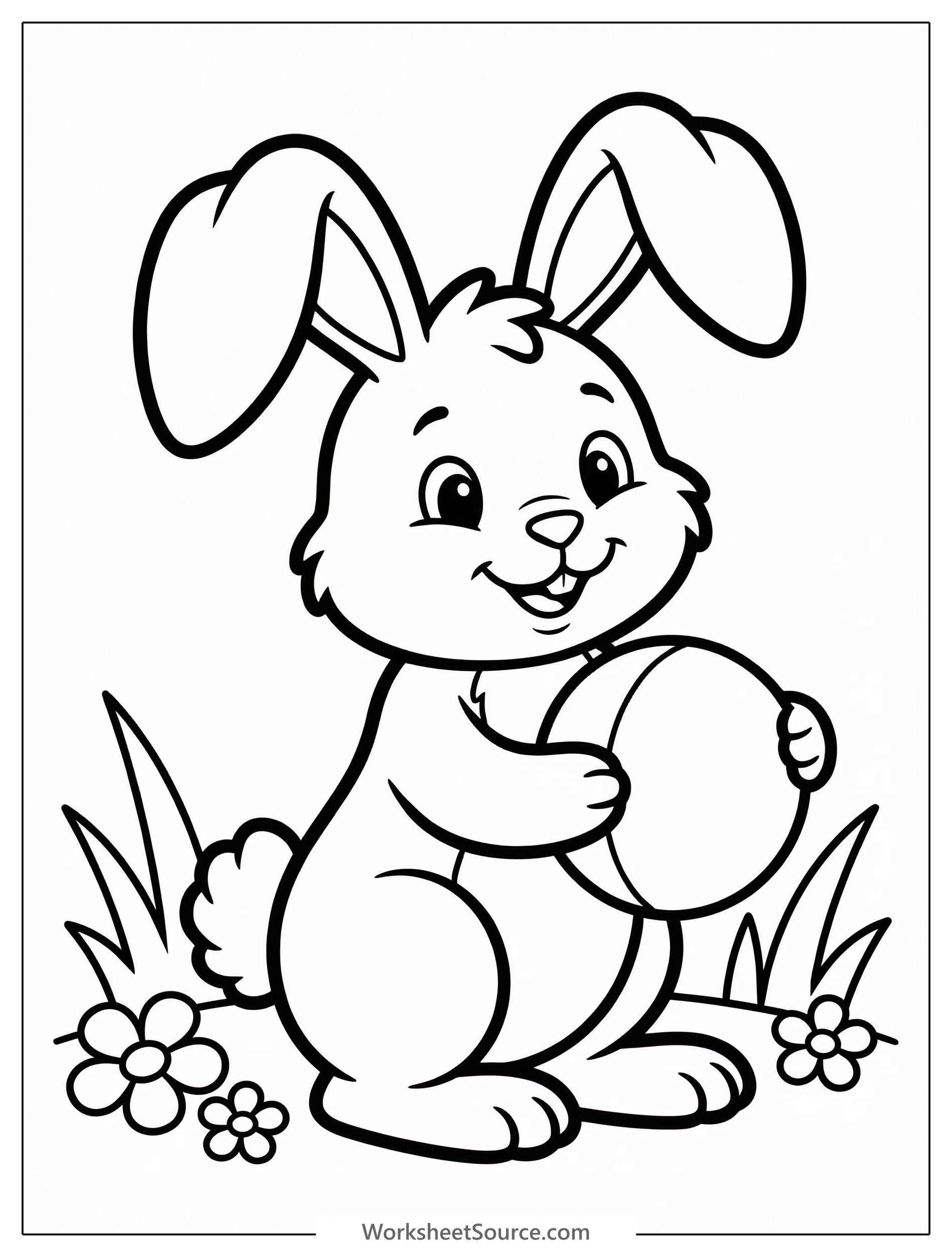 Clear black and white line art of a friendly Easter bunny holding a large ball, designed as a professional coloring page.
