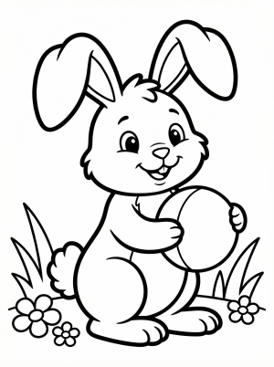 Clear black and white line art of a friendly Easter bunny holding a large ball, designed as a professional coloring page.