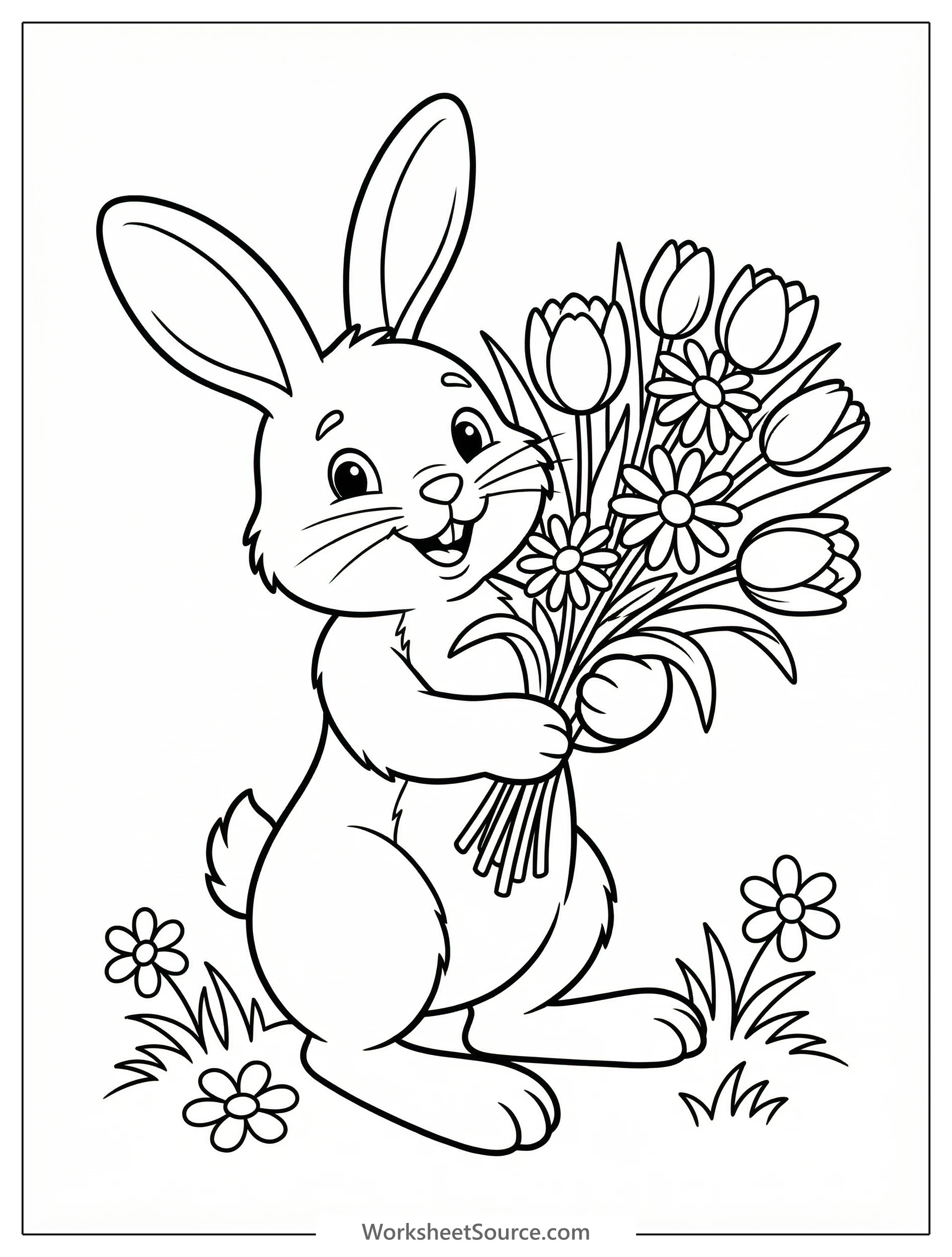 Clear black and white line art children's coloring page of a friendly Easter bunny holding a large bouquet of various blooming flowers, professionally designed.