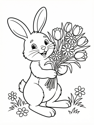 Clear black and white line art children's coloring page of a friendly Easter bunny holding a large bouquet of various blooming flowers, professionally designed.