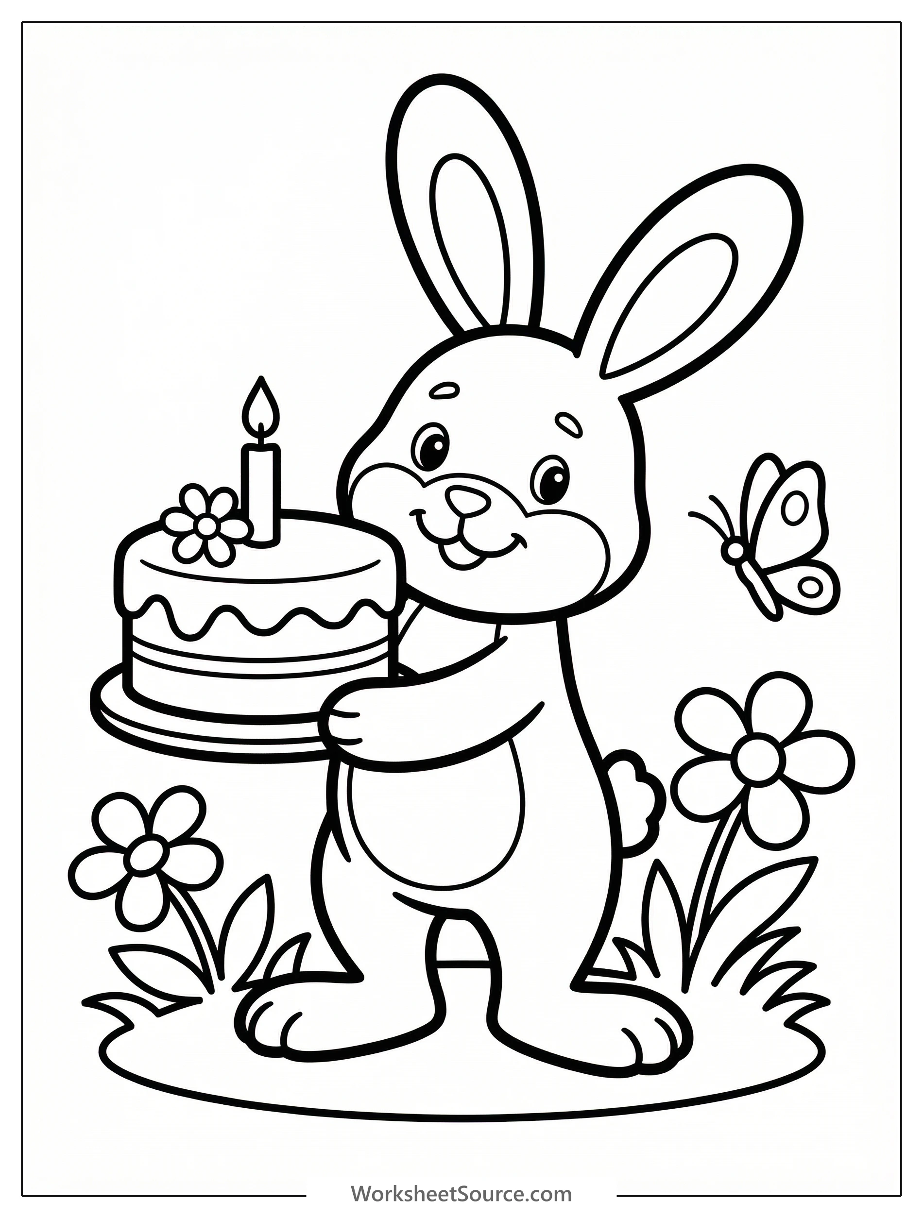 Clear black and white line art of a friendly Easter bunny holding a beautifully decorated cake. Professional design for a printable coloring page.