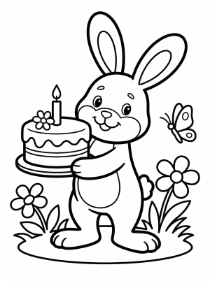 Clear black and white line art of a friendly Easter bunny holding a beautifully decorated cake. Professional design for a printable coloring page.