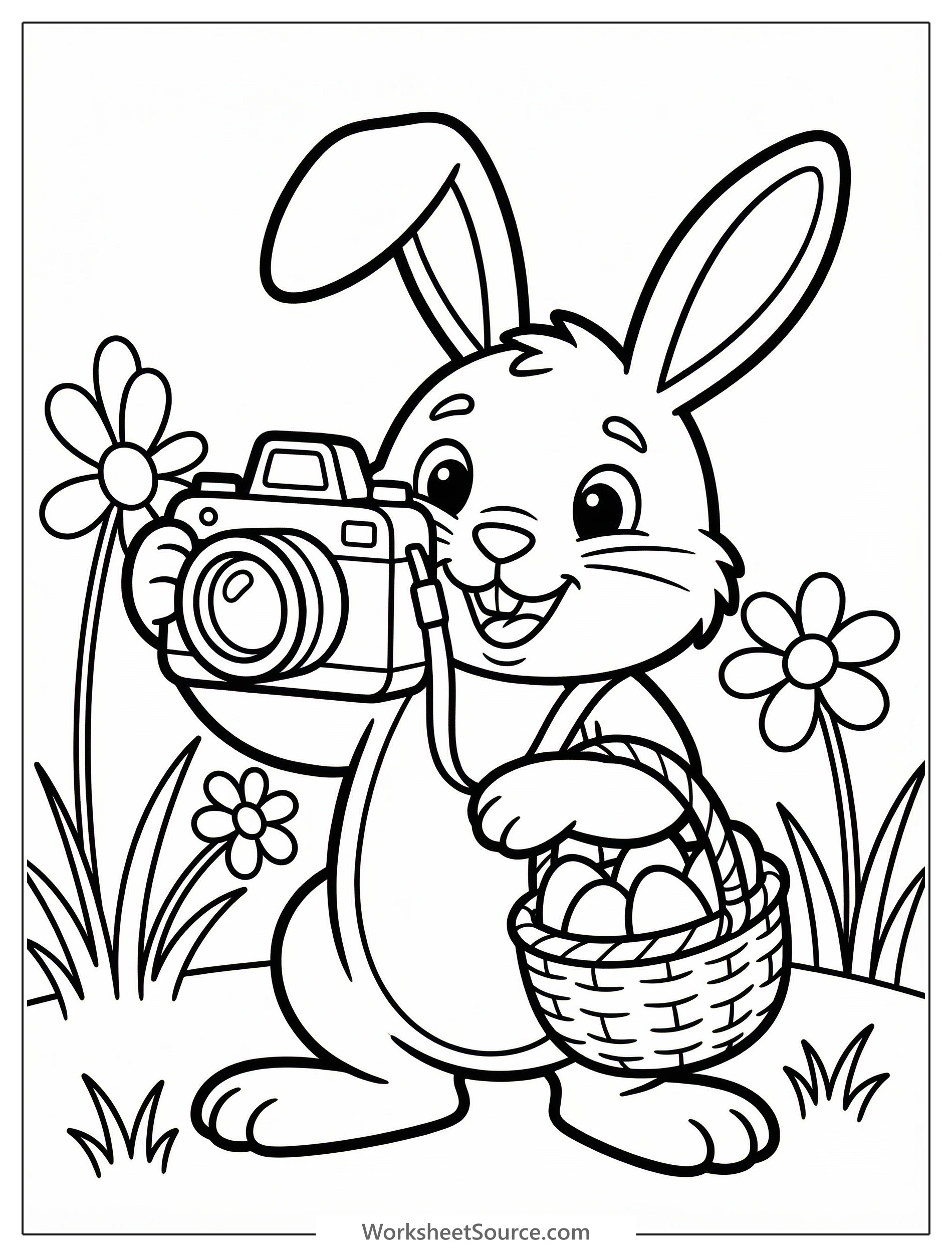 Clear black and white line art coloring page featuring a cheerful Easter bunny holding a vintage camera, ready to take festive spring pictures.