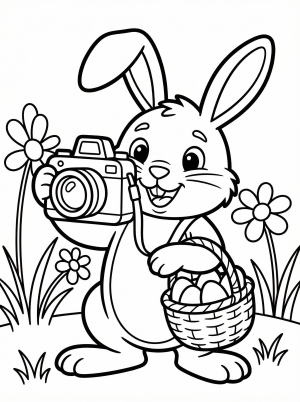 Clear black and white line art coloring page featuring a cheerful Easter bunny holding a vintage camera, ready to take festive spring pictures.