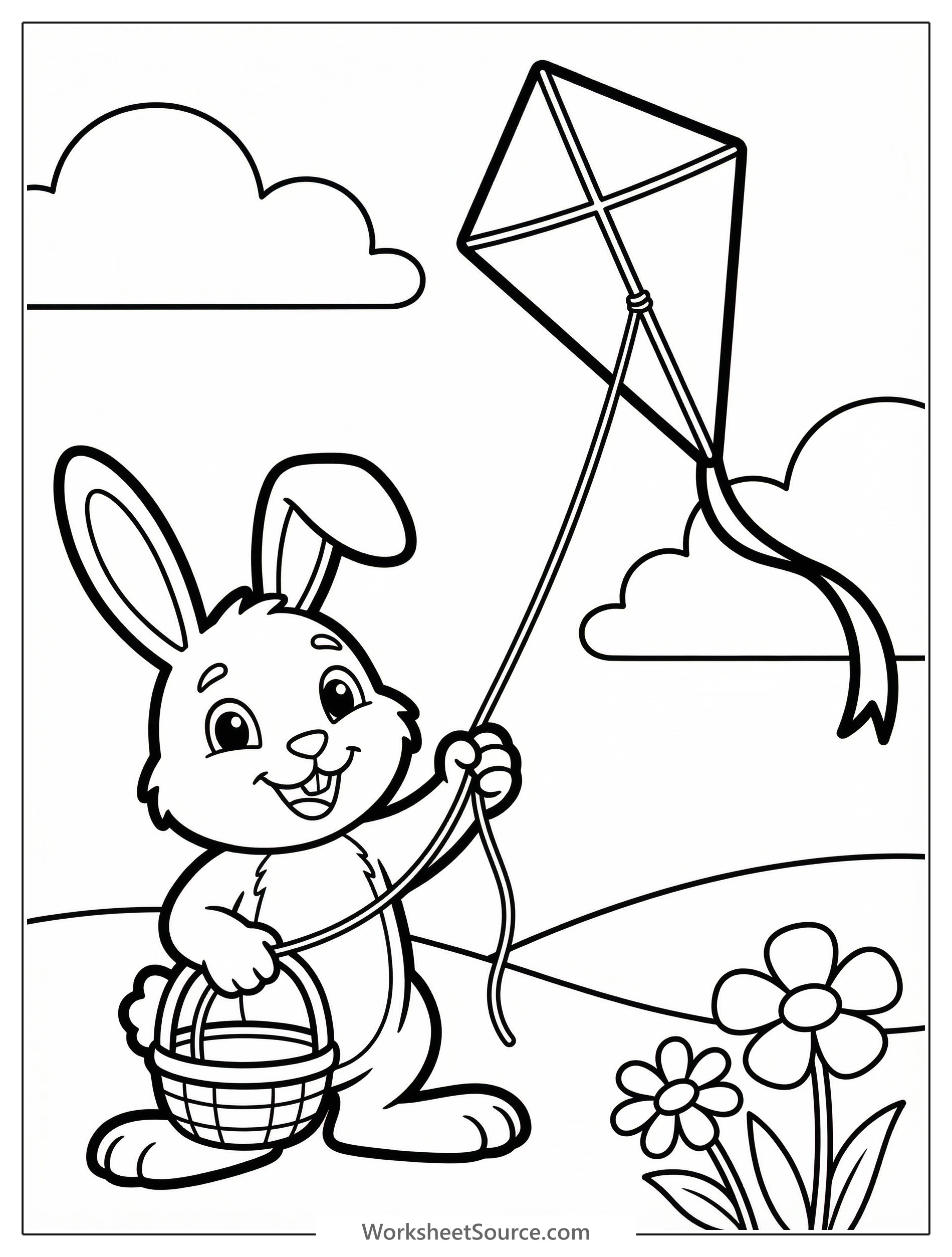 Clear black and white line art coloring page featuring an Easter bunny holding a kite with a long flowing tail against a cloud filled sky.