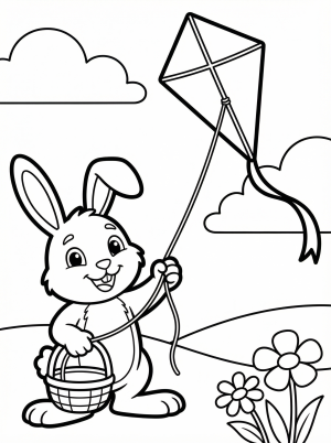 Clear black and white line art coloring page featuring an Easter bunny holding a kite with a long flowing tail against a cloud filled sky.