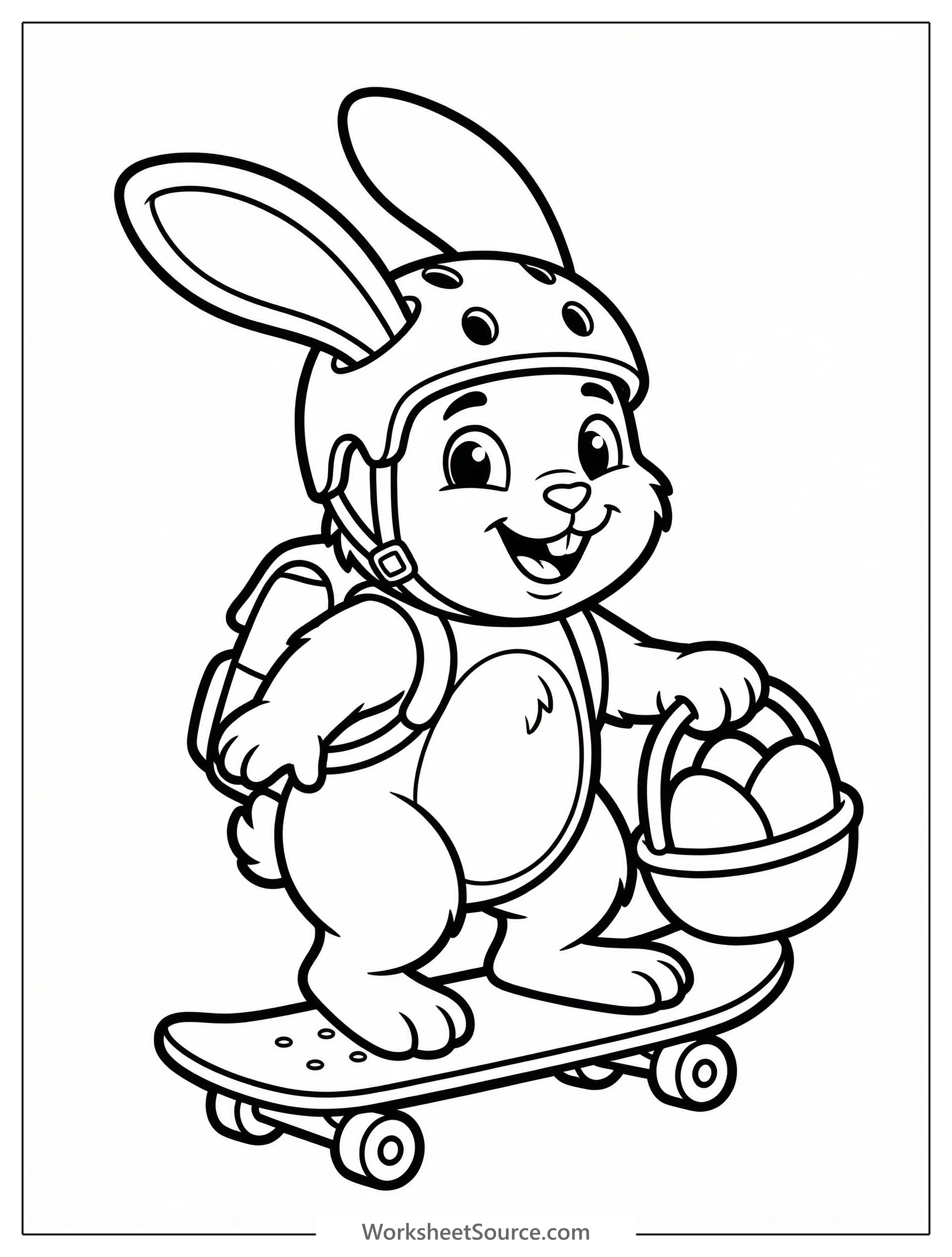 Clear black and white line art of an anthropomorphic Easter bunny wearing a helmet and riding a skateboard, in a professional coloring page style.