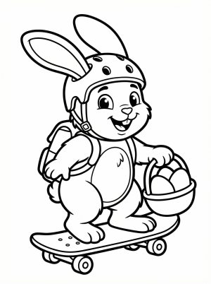 Clear black and white line art of an anthropomorphic Easter bunny wearing a helmet and riding a skateboard, in a professional coloring page style.
