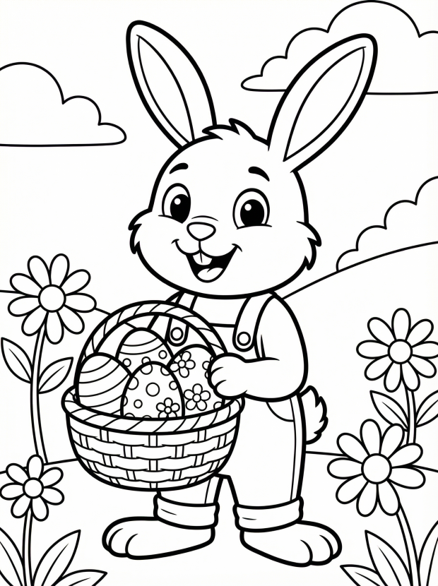 Free printable coloring page showing a smiling Easter bunny holding a basket of decorated eggs, perfect for kids to practice creativity and fine motor skills