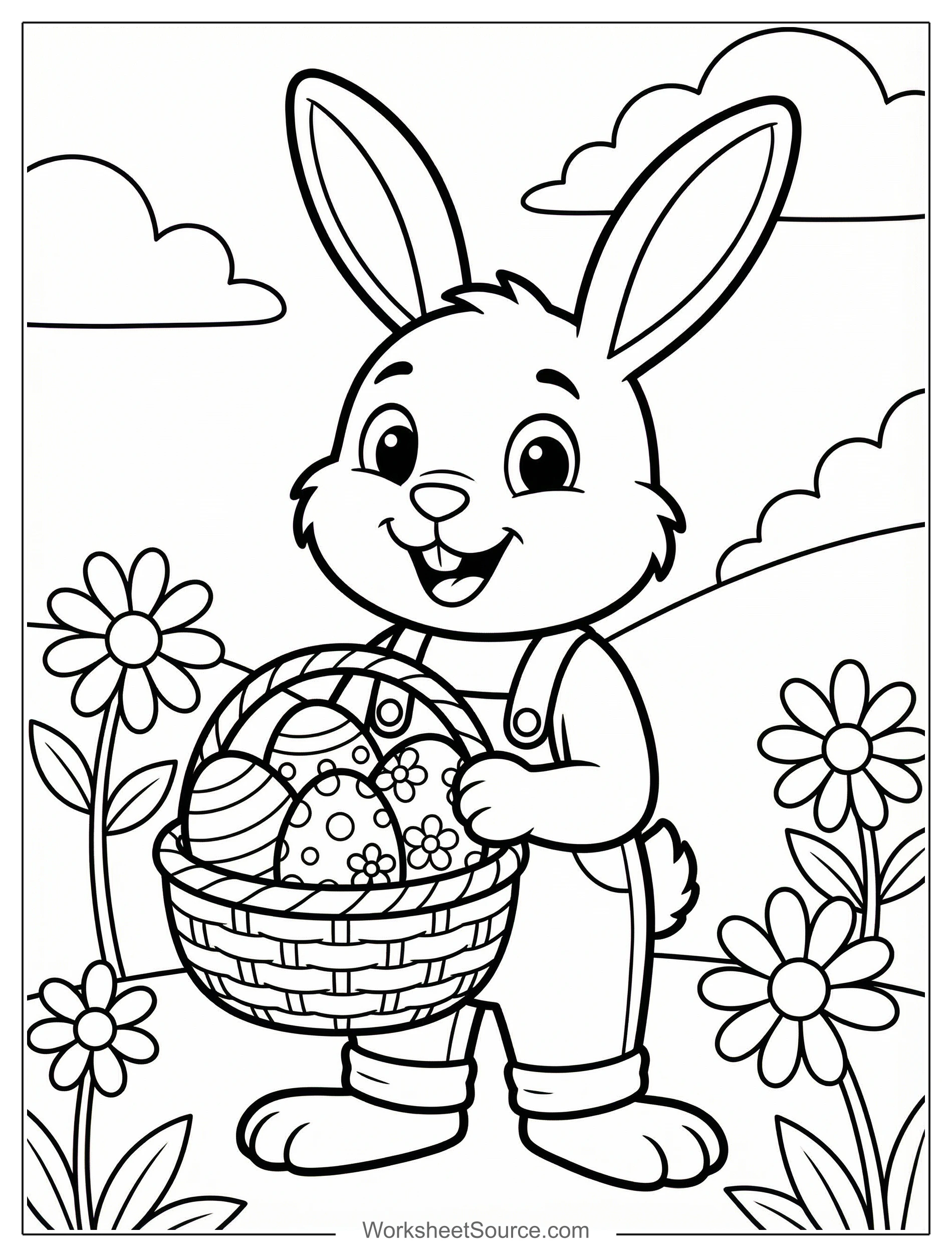 Free printable coloring page showing a smiling Easter bunny holding a basket of decorated eggs, perfect for kids to practice creativity and fine motor skills