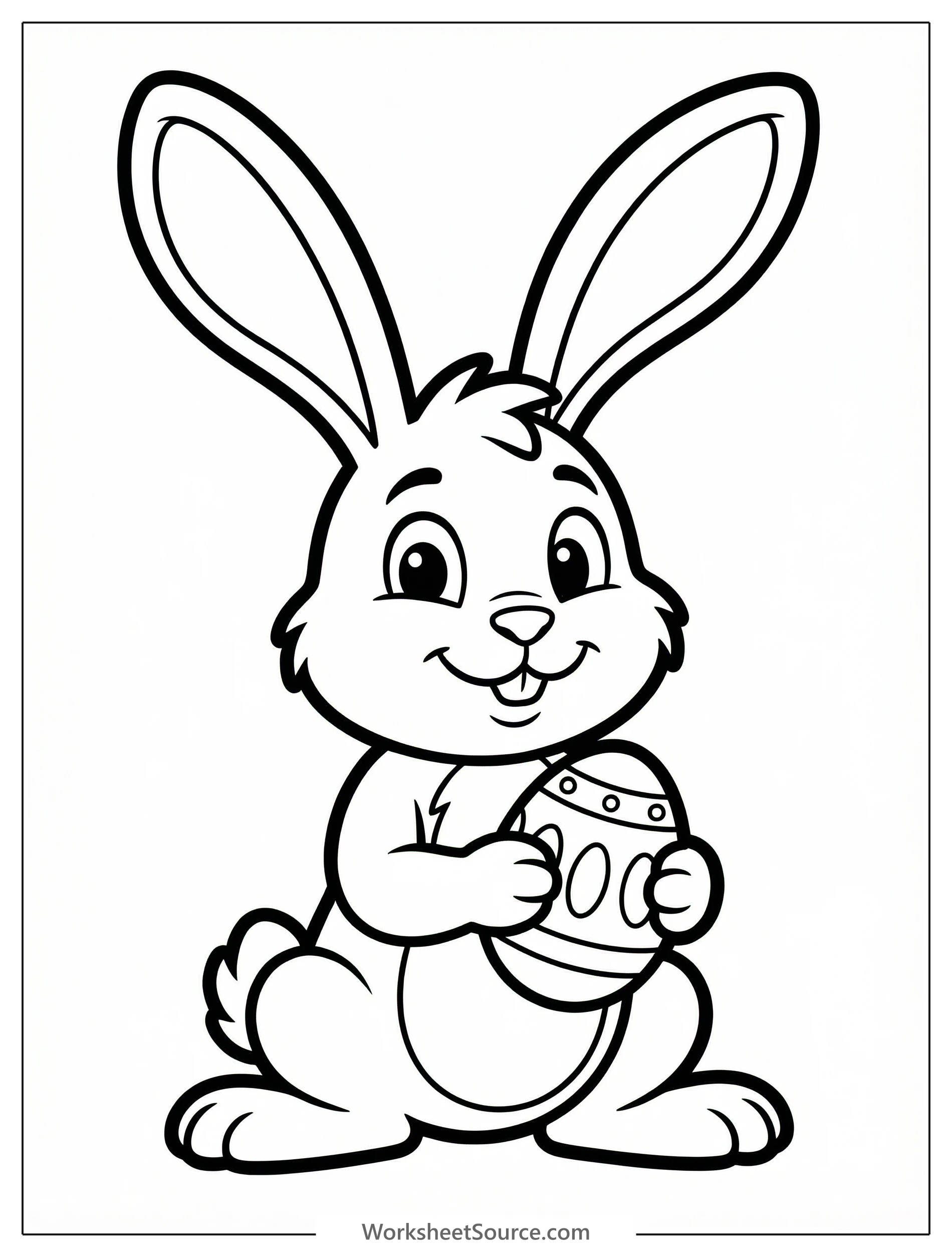 Professional black and white line art of a cheerful Easter bunny with prominently large ears, ready for coloring. Clear illustration with a friendly expression.