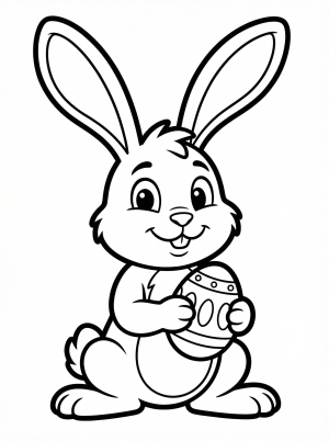 Professional black and white line art of a cheerful Easter bunny with prominently large ears, ready for coloring. Clear illustration with a friendly expression.