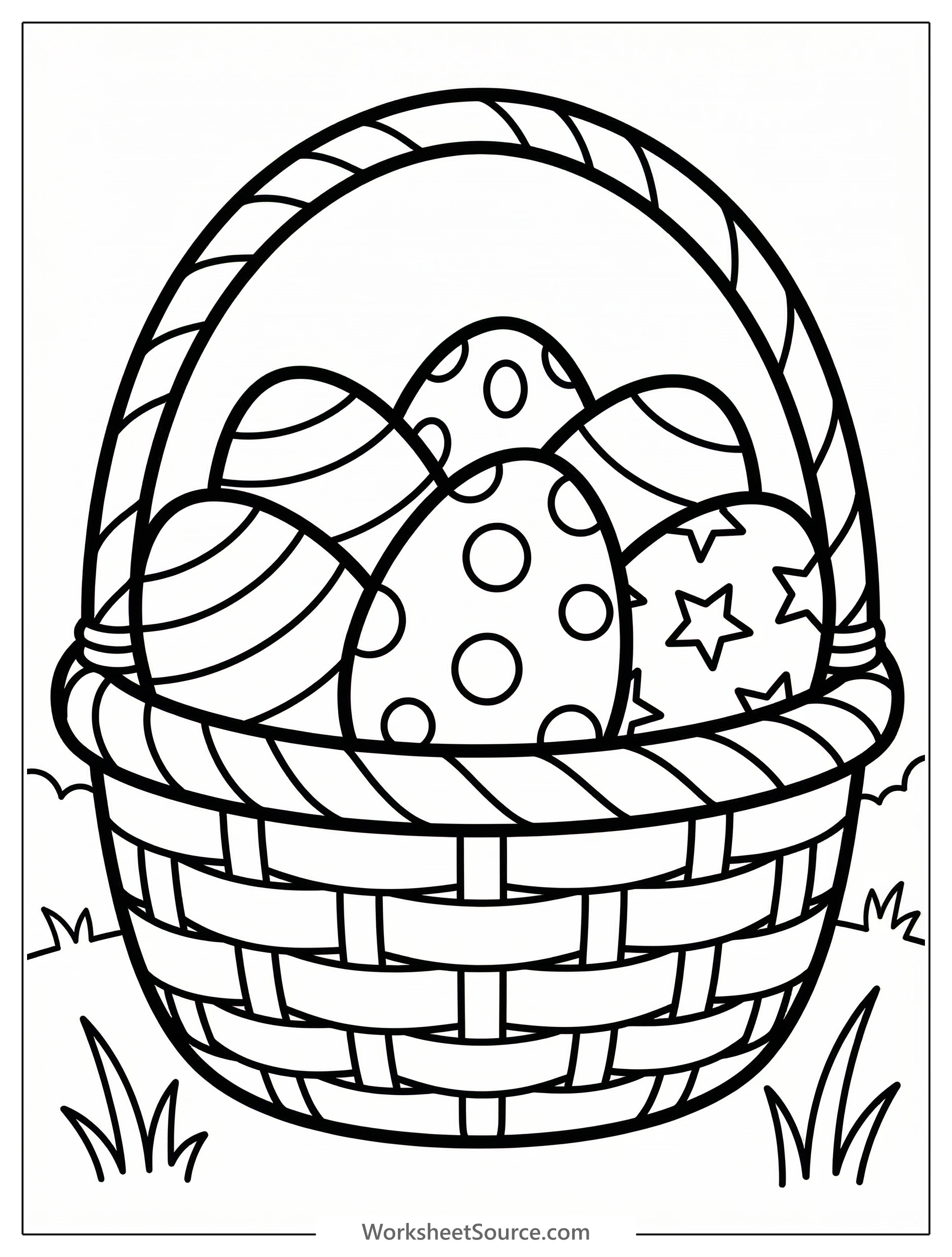 Clear black and white line art of a round woven basket overflowing with many uniquely decorated Easter eggs, ready for coloring.