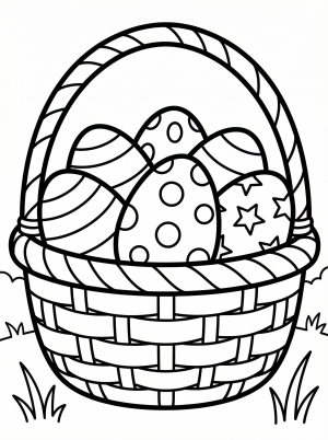 Clear black and white line art of a round woven basket overflowing with many uniquely decorated Easter eggs, ready for coloring.