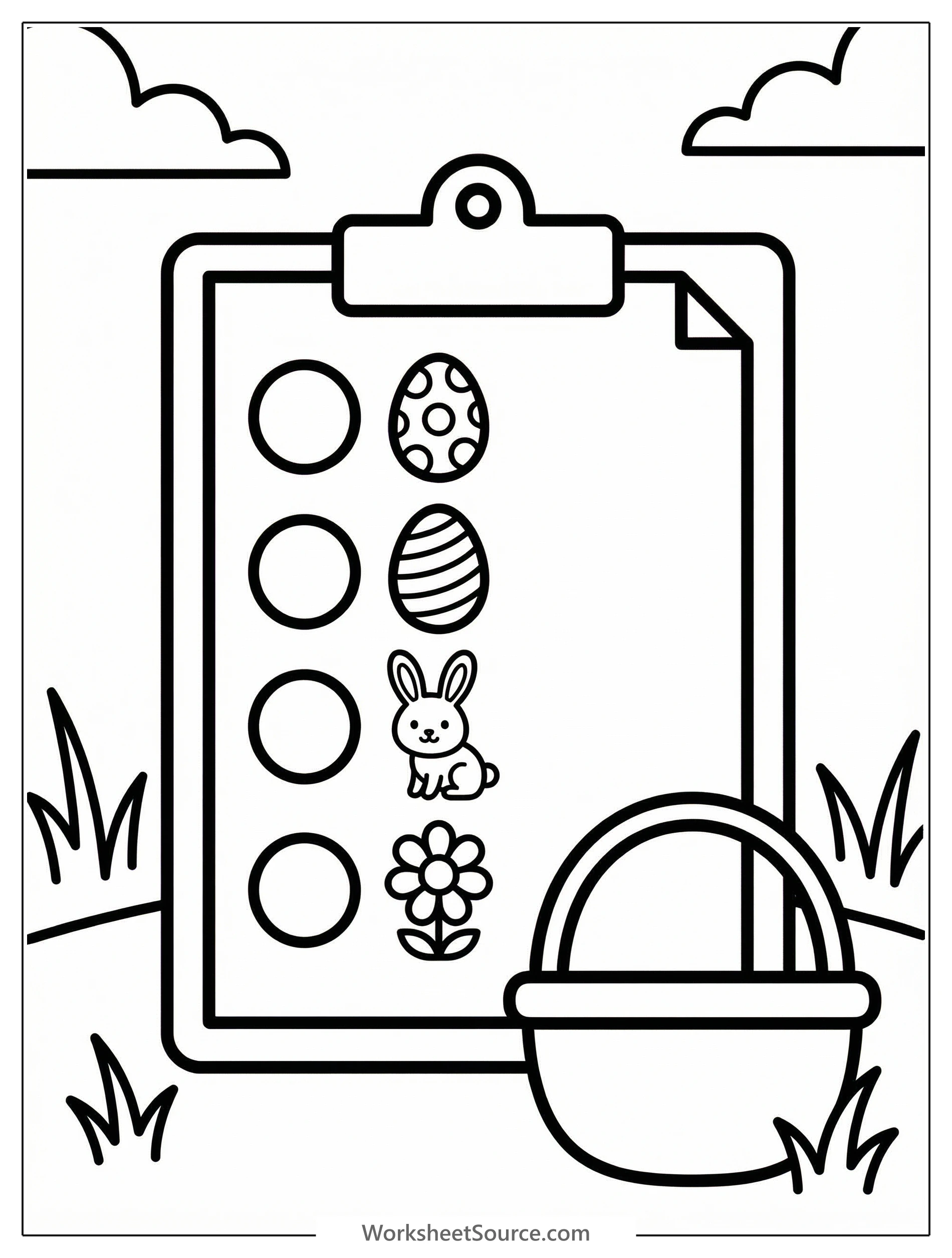 A clear black and white line art coloring page showing an Easter egg hunt checklist with baskets, eggs, and a child, designed for coloring activities.