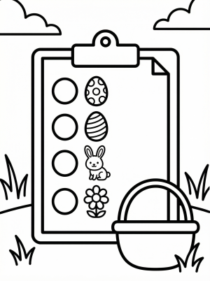 A clear black and white line art coloring page showing an Easter egg hunt checklist with baskets, eggs, and a child, designed for coloring activities.
