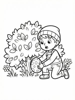 Black and white line art of a joyful child discovering an Easter egg hidden beneath a leafy bush, perfect for coloring. Features a clear, professional design.