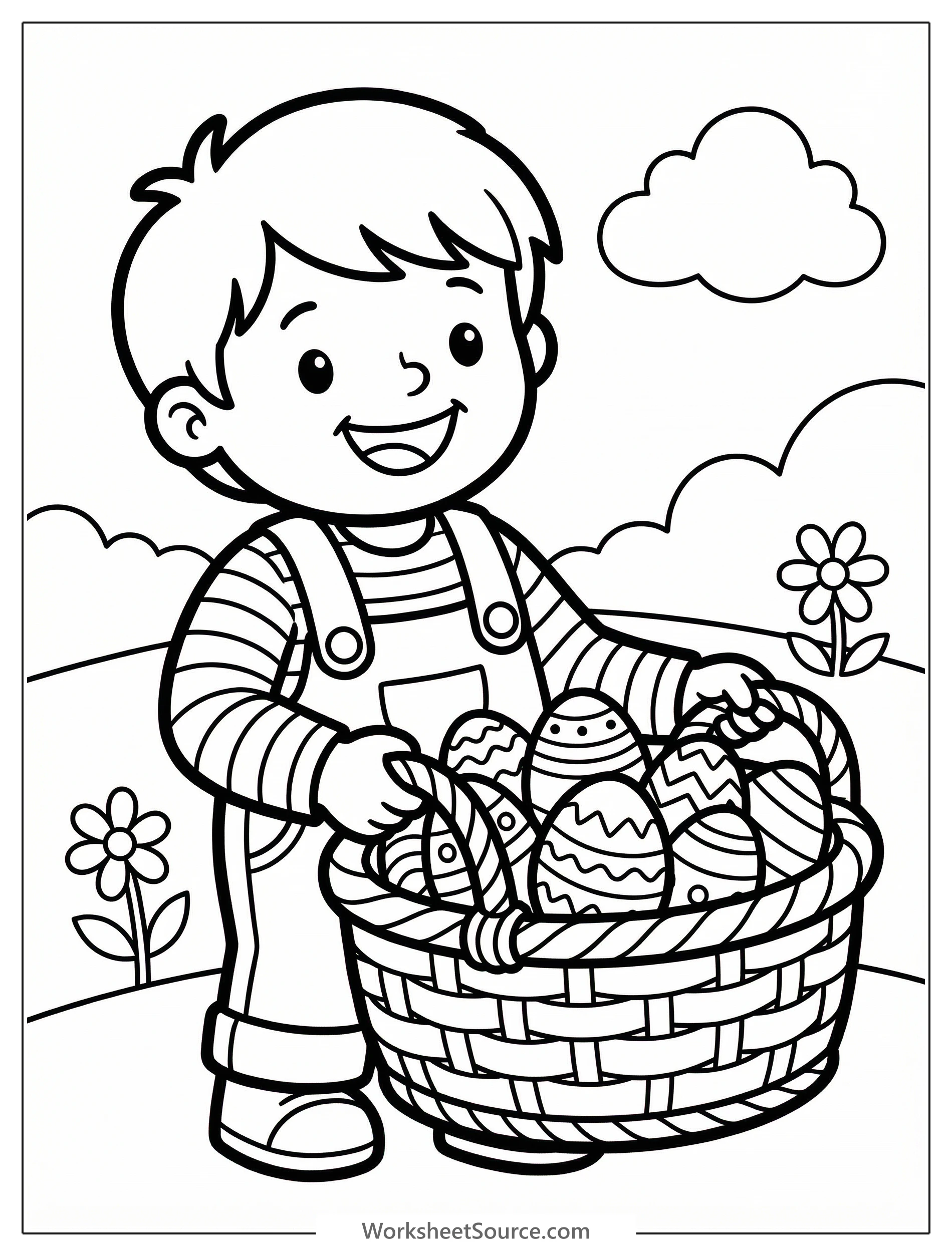 Black and white line art coloring page depicting a happy child holding a full Easter basket filled with decorated eggs, ready for coloring fun.