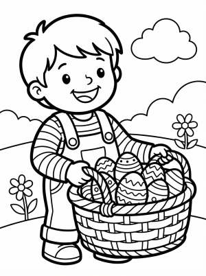 Black and white line art coloring page depicting a happy child holding a full Easter basket filled with decorated eggs, ready for coloring fun.