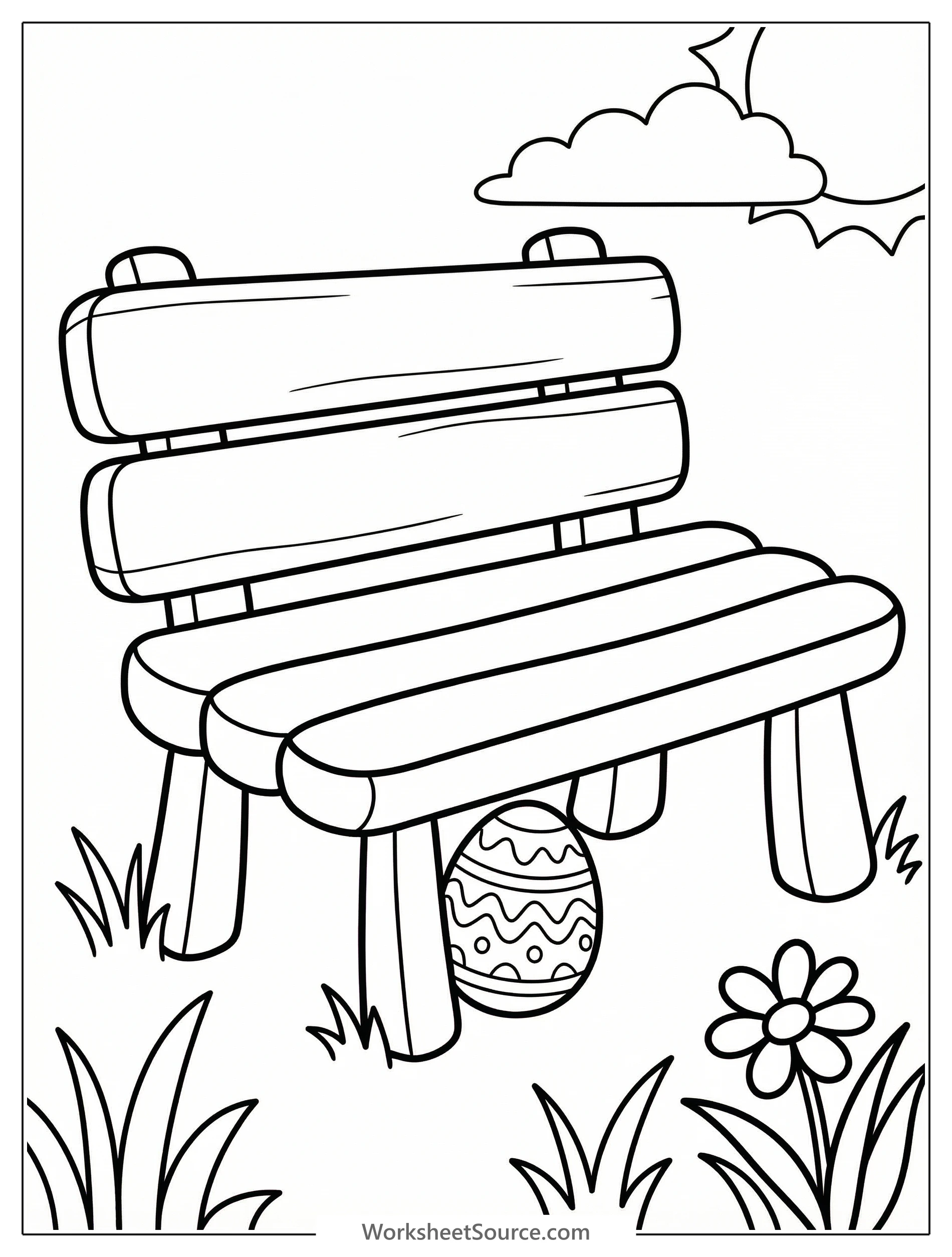Black and white line art coloring page depicting a hidden Easter egg tucked securely on a wooden park bench, surrounded by spring flowers and grass.
