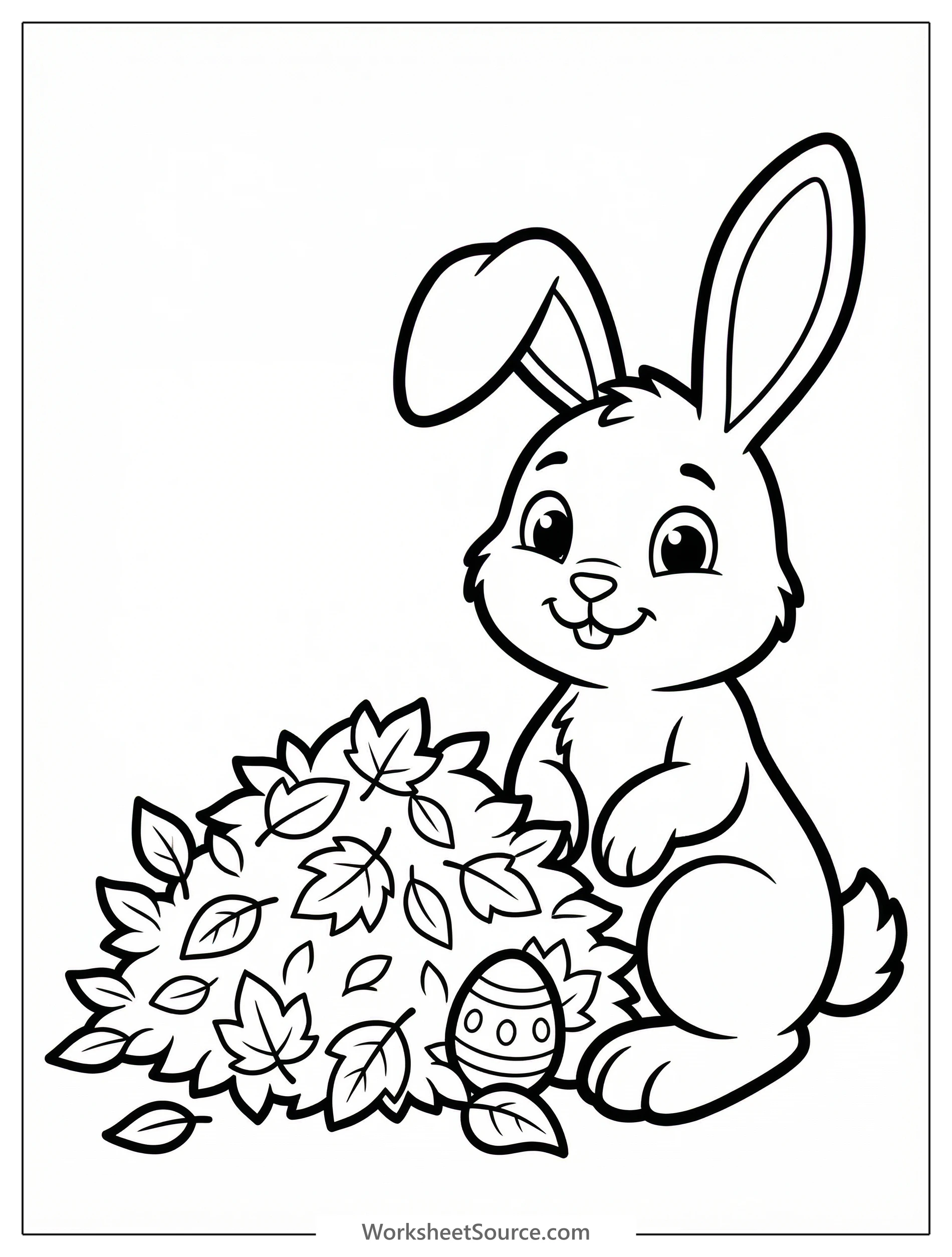Clear black and white line art coloring page depicting an Easter egg mostly hidden among a large pile of detailed autumn leaves.
