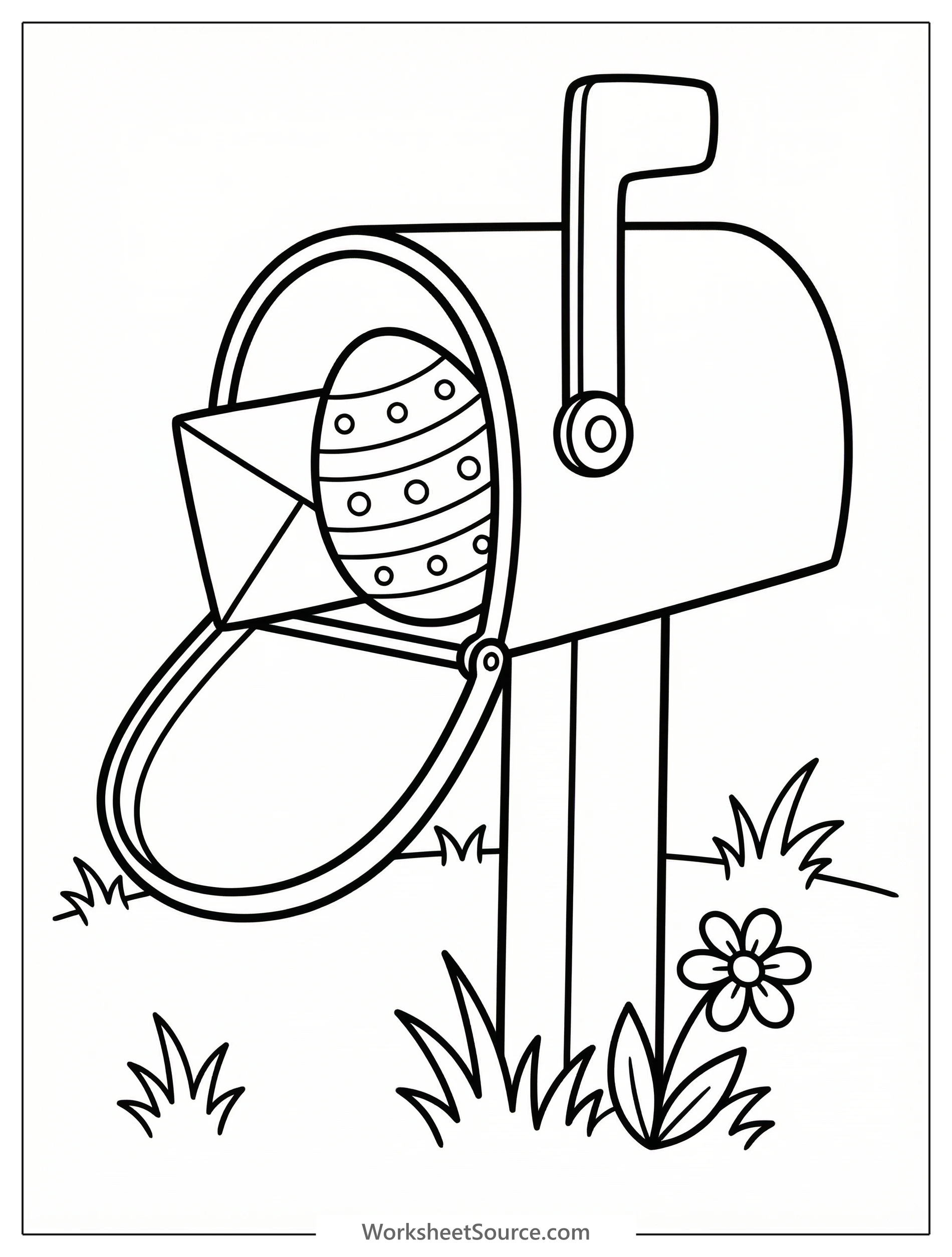 A clear black and white line art coloring page depicting an Easter egg perfectly hidden inside an open mailbox, ready for vibrant colors.