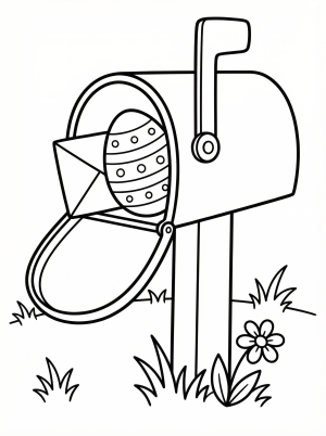 A clear black and white line art coloring page depicting an Easter egg perfectly hidden inside an open mailbox, ready for vibrant colors.