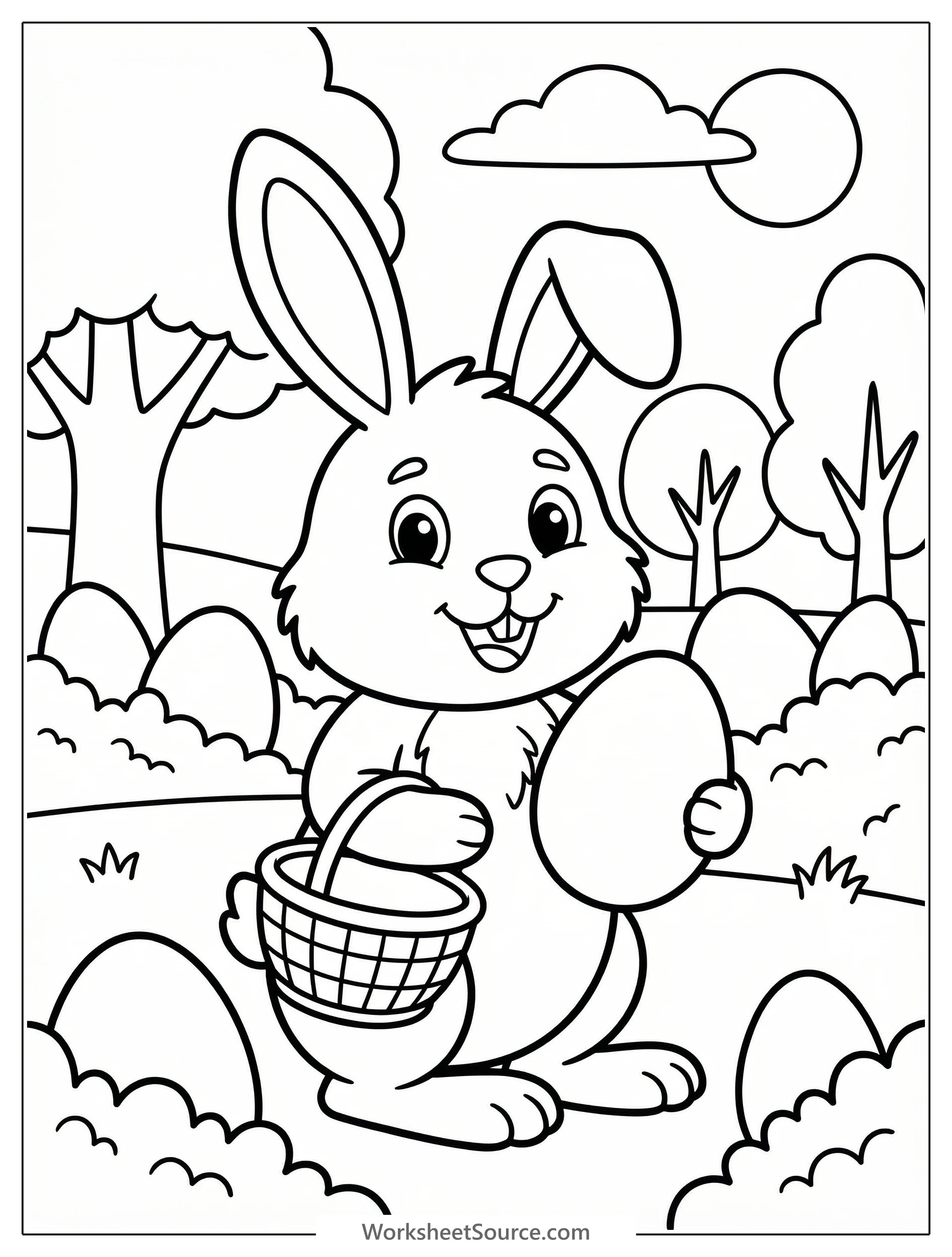 Detailed black and white line art of an outdoor Easter egg hunt scene in a park, featuring children with baskets, trees, flowers, and hidden eggs, ready for coloring.