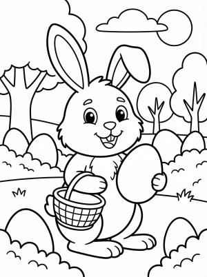 Detailed black and white line art of an outdoor Easter egg hunt scene in a park, featuring children with baskets, trees, flowers, and hidden eggs, ready for coloring.