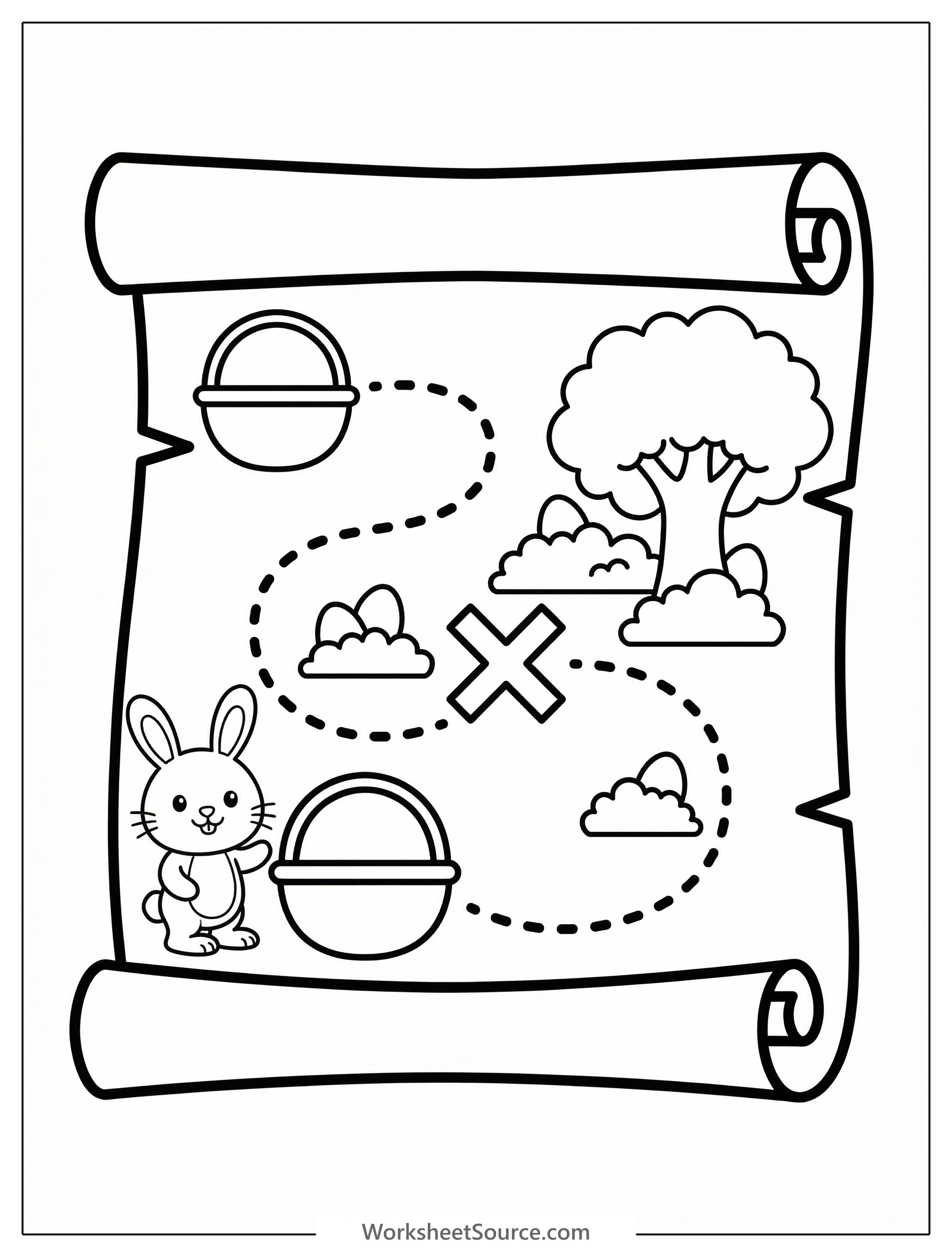 Black and white line art coloring page depicting an Easter egg hunt map with a winding path, hidden eggs, trees, flowers, and a bunny.