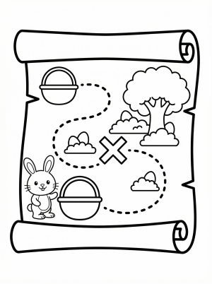 Black and white line art coloring page depicting an Easter egg hunt map with a winding path, hidden eggs, trees, flowers, and a bunny.