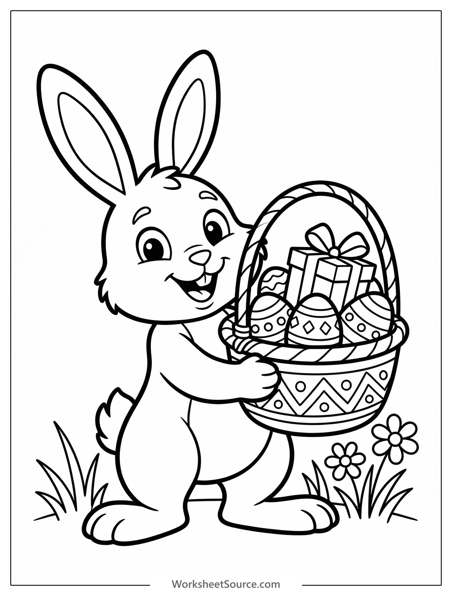 A clear black and white line art coloring page illustrating a triumphant Easter egg hunt prize, featuring a brimming basket of decorated eggs, a plush bunny, and spring flowers.