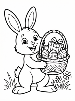 A clear black and white line art coloring page illustrating a triumphant Easter egg hunt prize, featuring a brimming basket of decorated eggs, a plush bunny, and spring flowers.