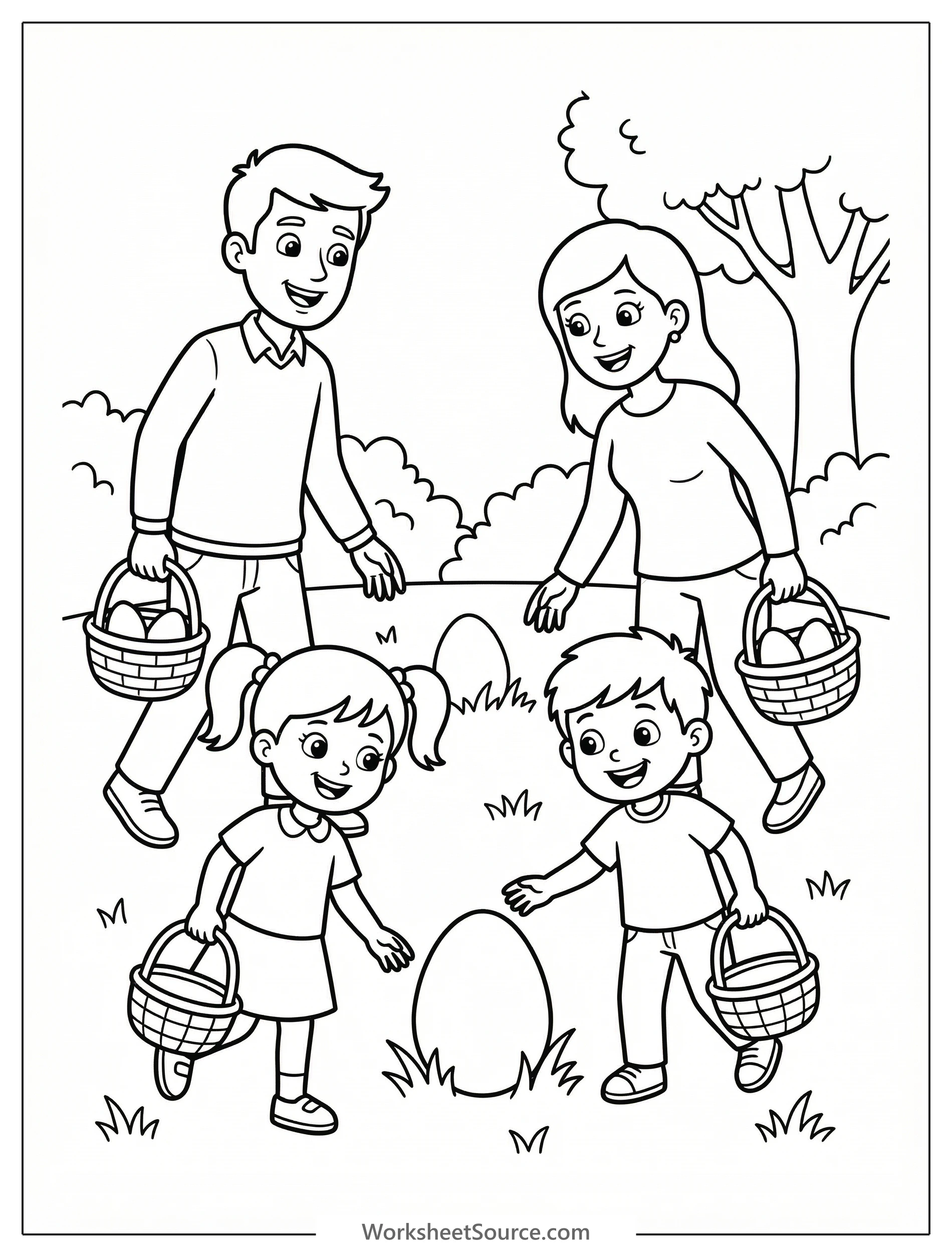 Black and white line art coloring page depicting a happy family on an Easter egg hunt, with baskets, eggs hidden in grass, and blooming flowers.