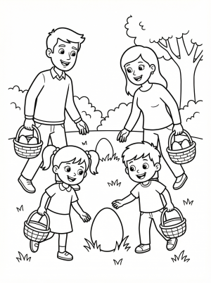 Black and white line art coloring page depicting a happy family on an Easter egg hunt, with baskets, eggs hidden in grass, and blooming flowers.