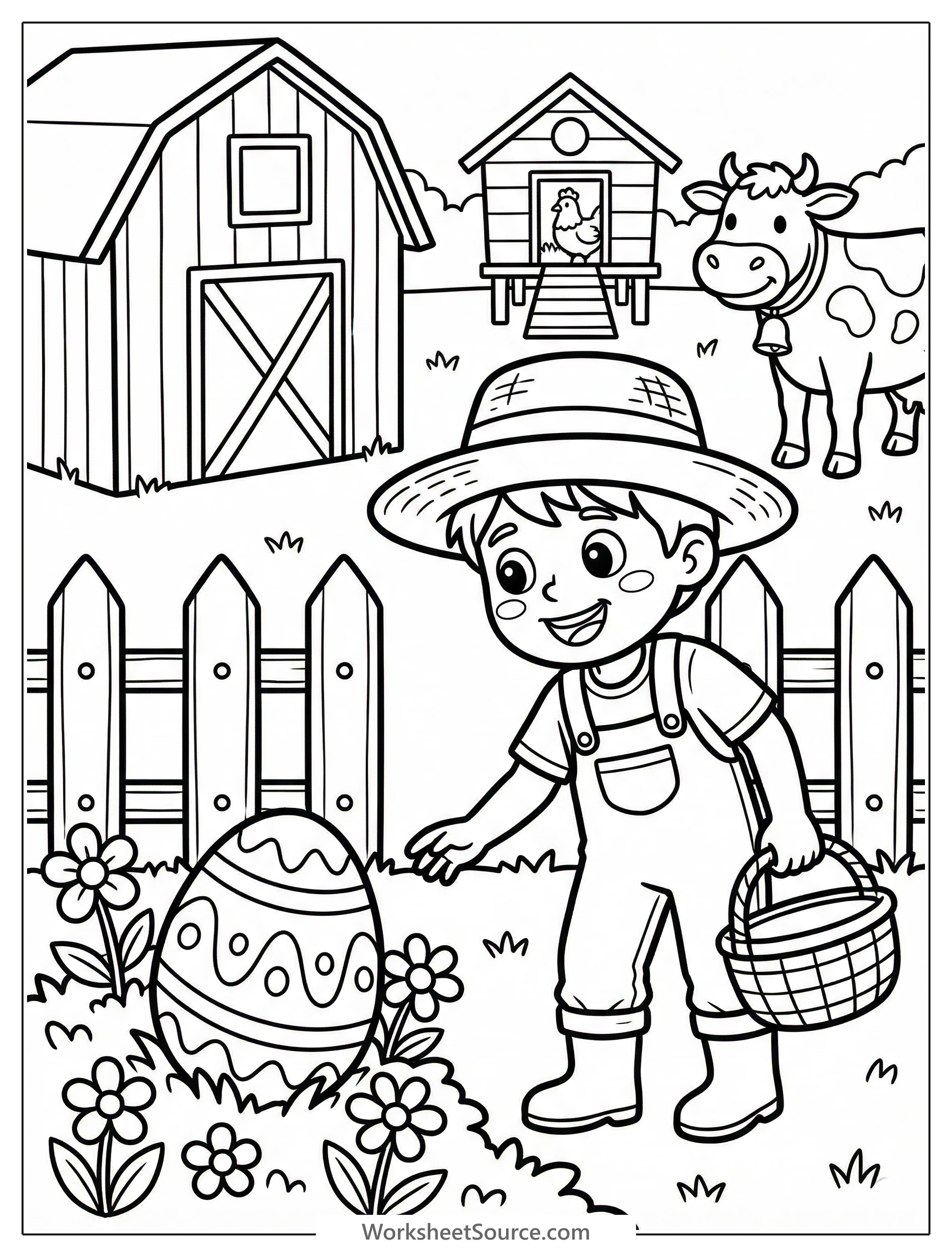 Detailed black and white line art coloring page illustrating an exciting Easter egg hunt on a lively farm featuring a child, cheerful bunny, fluffy chicks, an egg basket, a classic barn, and a wooden 