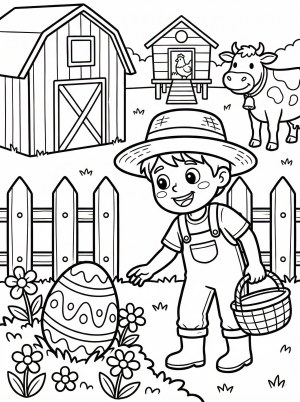 Detailed black and white line art coloring page illustrating an exciting Easter egg hunt on a lively farm featuring a child, cheerful bunny, fluffy chicks, an egg basket, a classic barn, and a wooden 