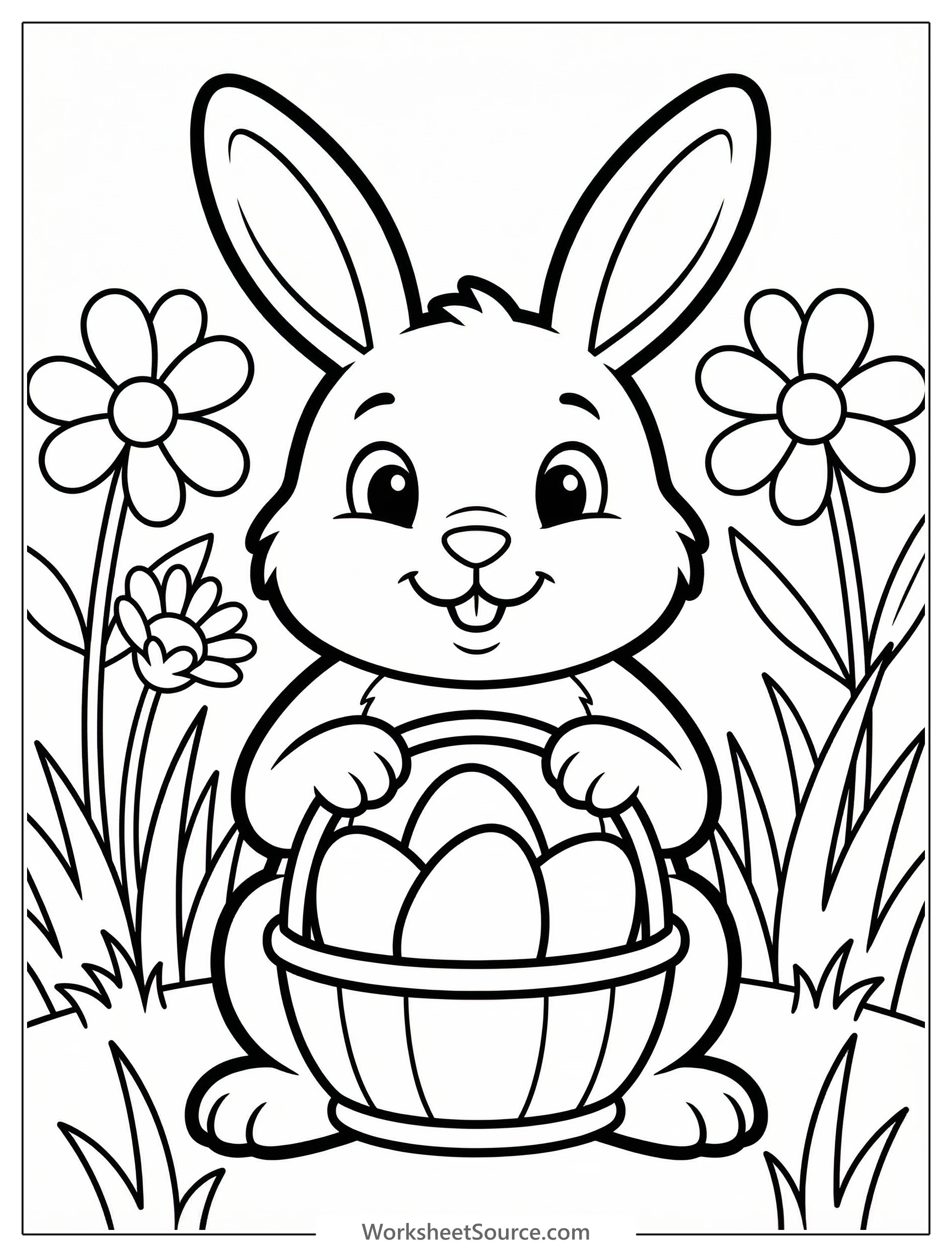 Clear black and white line art coloring page showing an Easter egg hunt in a meadow. Features rolling hills, trees, flowers, and hidden eggs, ready for coloring.