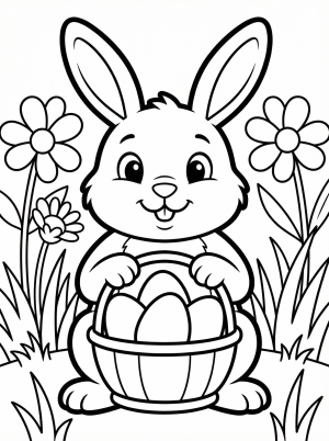 Clear black and white line art coloring page showing an Easter egg hunt in a meadow. Features rolling hills, trees, flowers, and hidden eggs, ready for coloring.