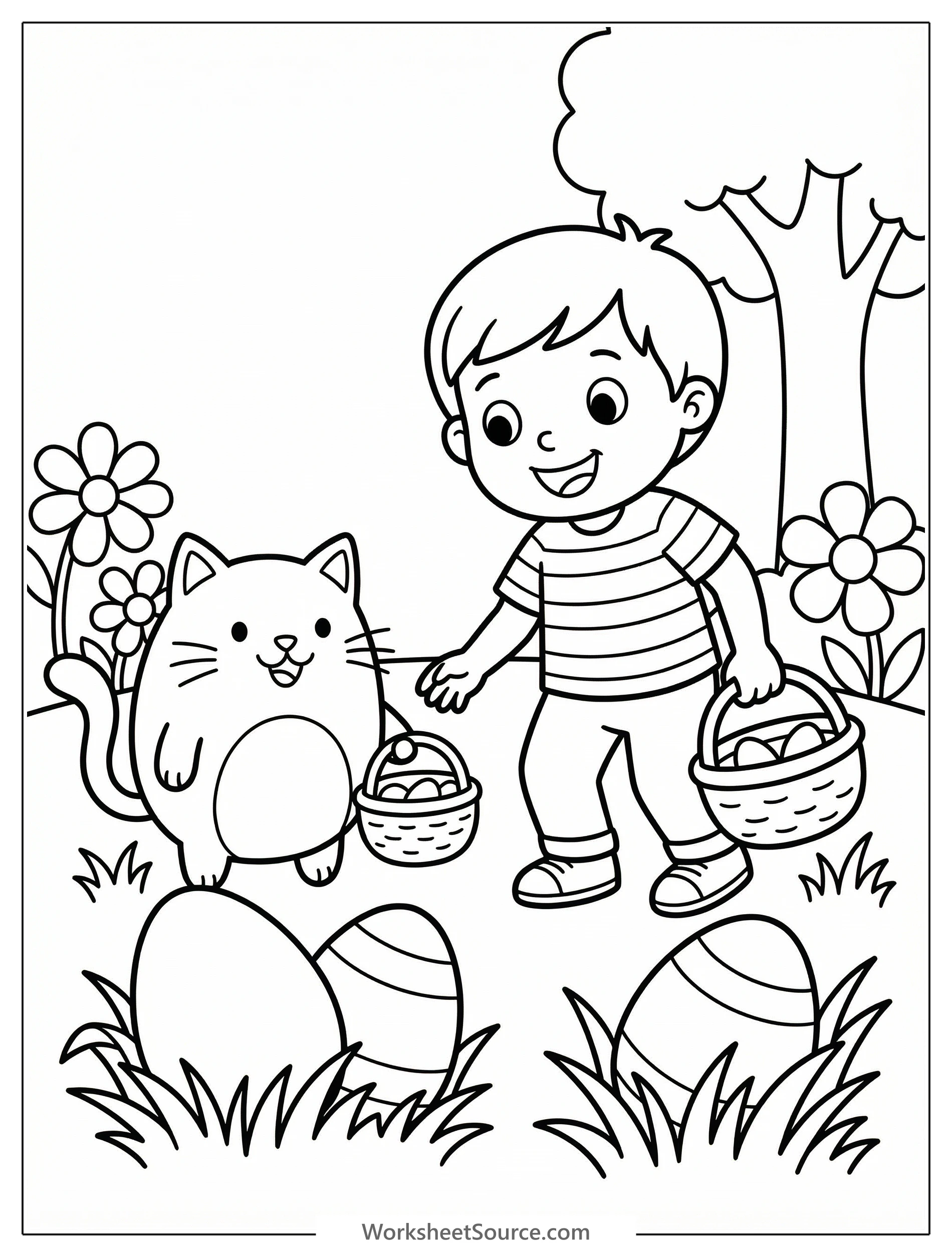 Line art coloring page showing a playful cat discovering Easter eggs hidden among flowers and grass in a cheerful garden scene.