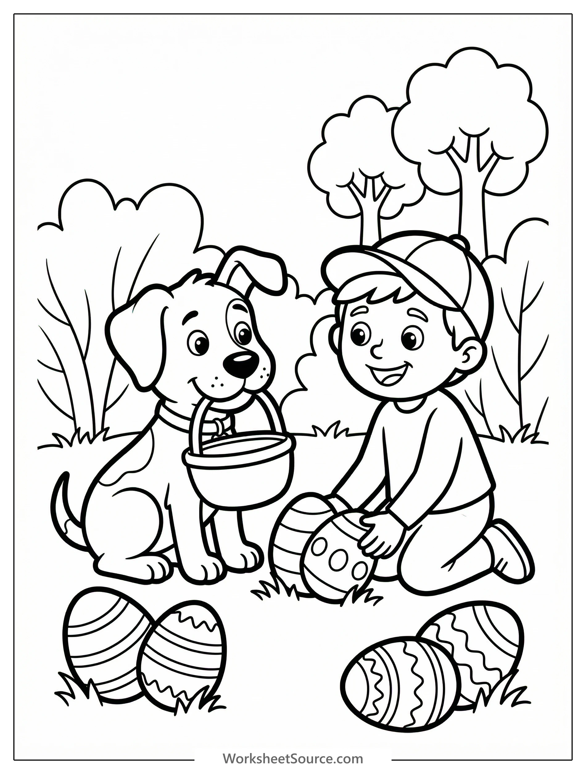 Black and white line art coloring page depicting a cheerful dog with a basket full of Easter eggs in a garden setting, ready for coloring.