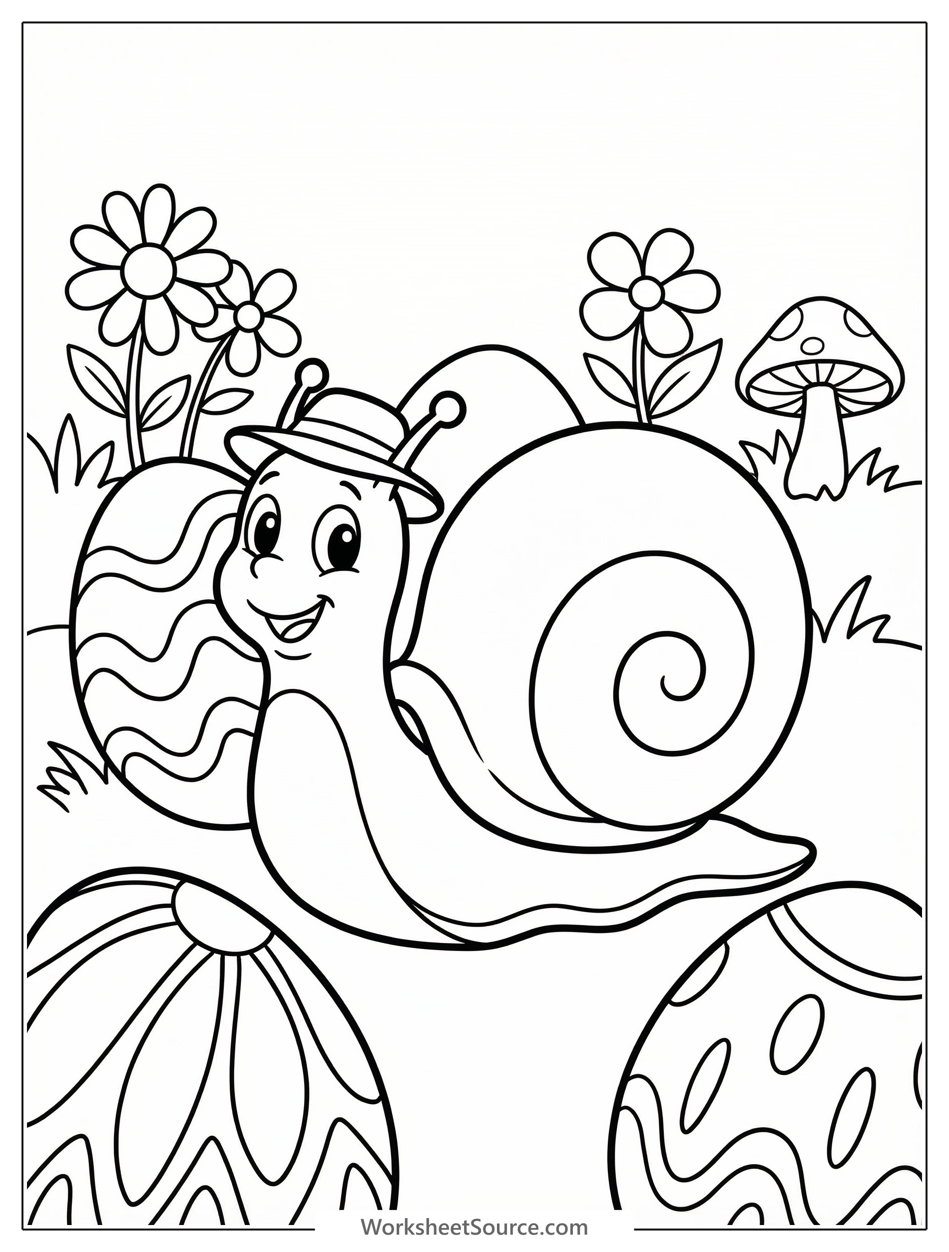 Black and white line art coloring page depicting a cheerful Easter egg hunt scene featuring a friendly snail carrying a basket among decorated eggs and blooming flowers.